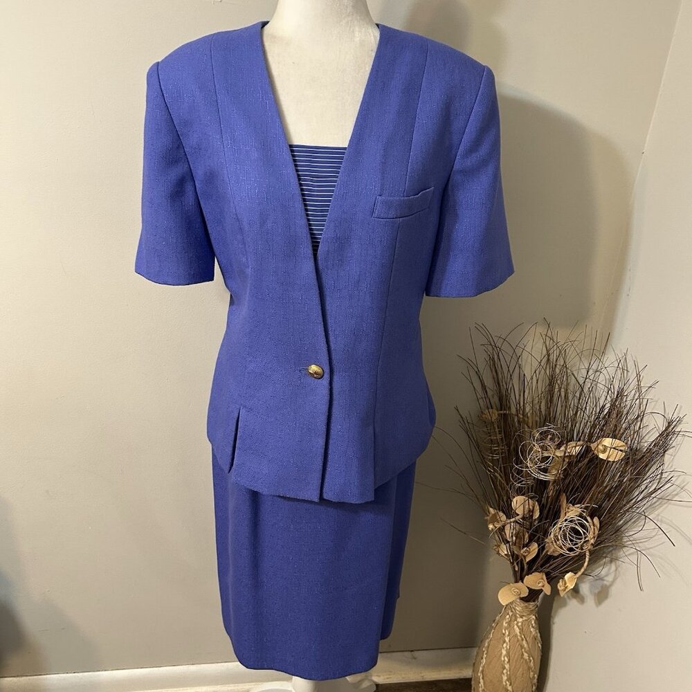Vtg Preston & York 2pc Skirt Suit Short Sleeve Lined Purple Pleated Front Sz 14